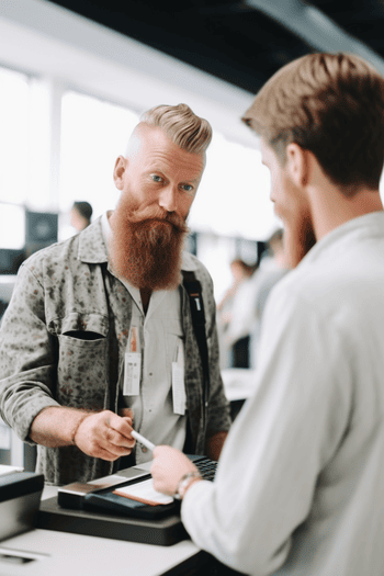 A white man standing at an airline counter, holding his canceled flight ticket and discussing refund procedures with a customer service representative.